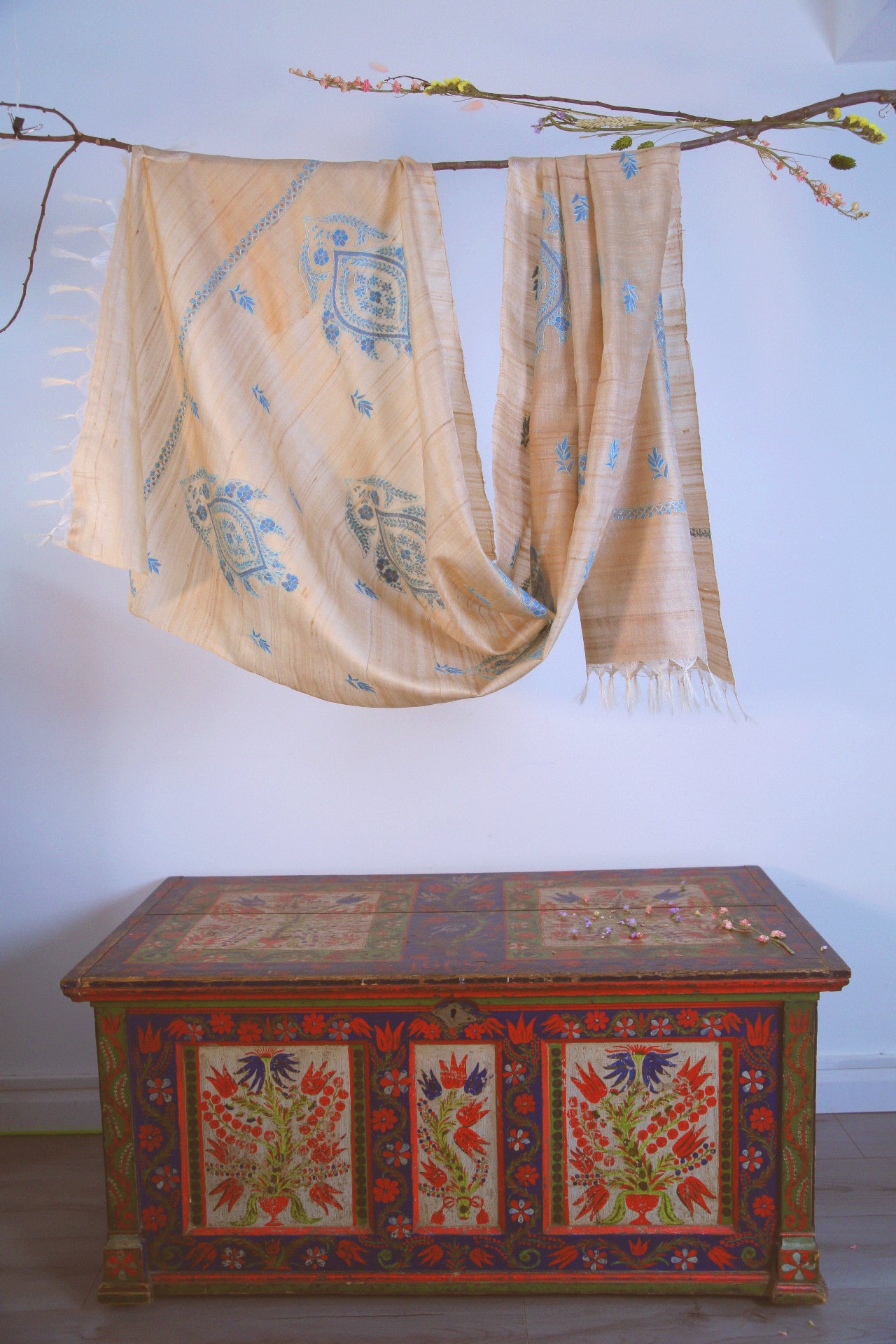 Large Tussar Silk Scarf Made in Kashmir / Lightweight Shawl - Gold & Blue
