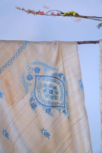 Large Tussar Silk Scarf Made in Kashmir / Lightweight Shawl - Gold & Blue