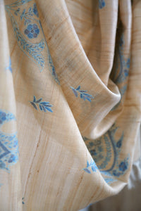 Large Tussar Silk Scarf Made in Kashmir / Lightweight Shawl - Gold & Blue