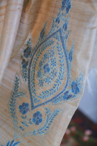 Large Tussar Silk Scarf Made in Kashmir / Lightweight Shawl - Gold & Blue