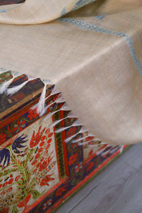 Large Tussar Silk Scarf Made in Kashmir / Lightweight Shawl - Gold & Blue