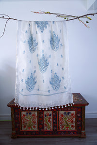 Large Linen Scarf Made in Kashmir / Lightweight Shawl - White & Blue