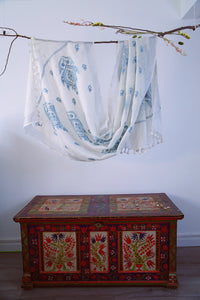 Large Linen Scarf Made in Kashmir / Lightweight Shawl - White & Blue