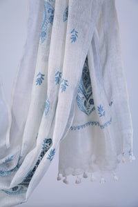 Large Linen Scarf Made in Kashmir / Lightweight Shawl - White & Blue