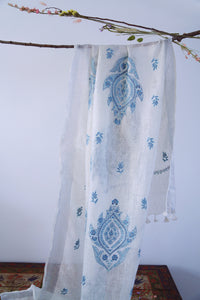 Large Linen Scarf Made in Kashmir / Lightweight Shawl - White & Blue