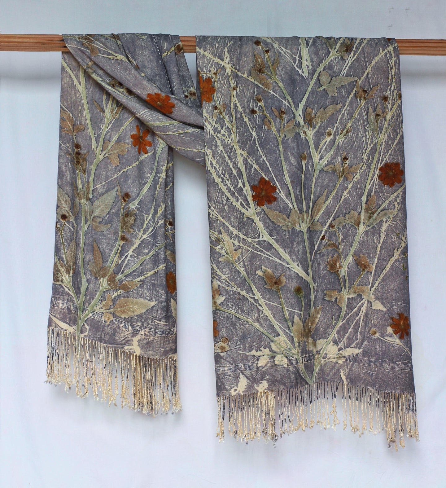 Light Grey Botanical Print Scarf | Indigenous Cotton | Handwoven & Naturally Dyed - 0007B-SY-HT