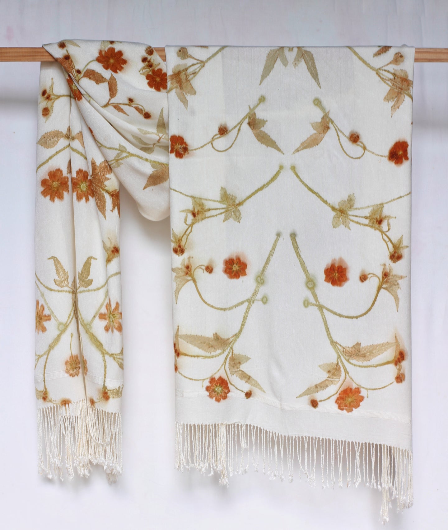 White Botanical Print Scarf | Indigenous Cotton | Handwoven & Naturally Dyed - 0020B-SY-HT