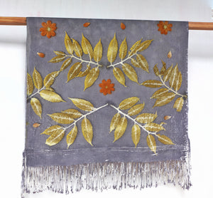 Light Grey Botanical Print Scarf | Indigenous Cotton | Handwoven & Naturally Dyed - 0007A-SY-HT