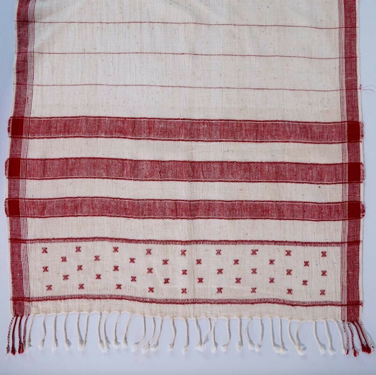 Nomadic Natural White & Red Organic Kala Cotton Shawl Handwoven