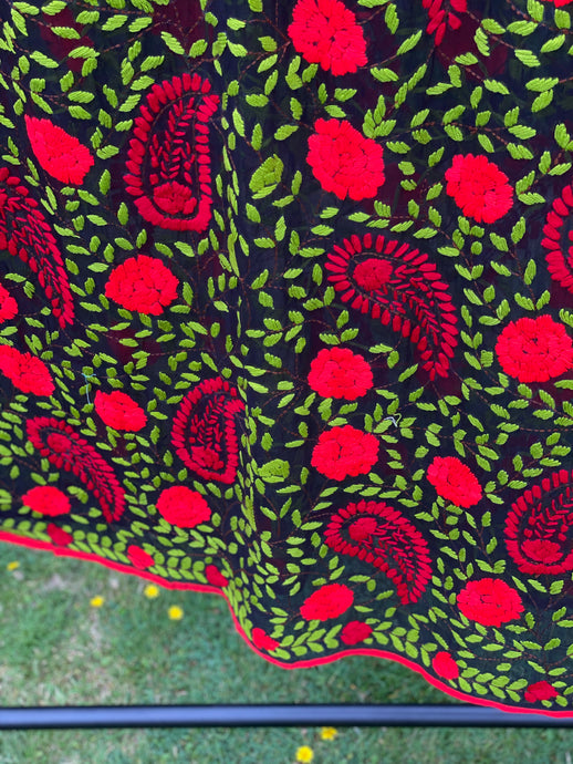 Black x Green Large Handmade Sheer Georgette Wrap / Throw - B100