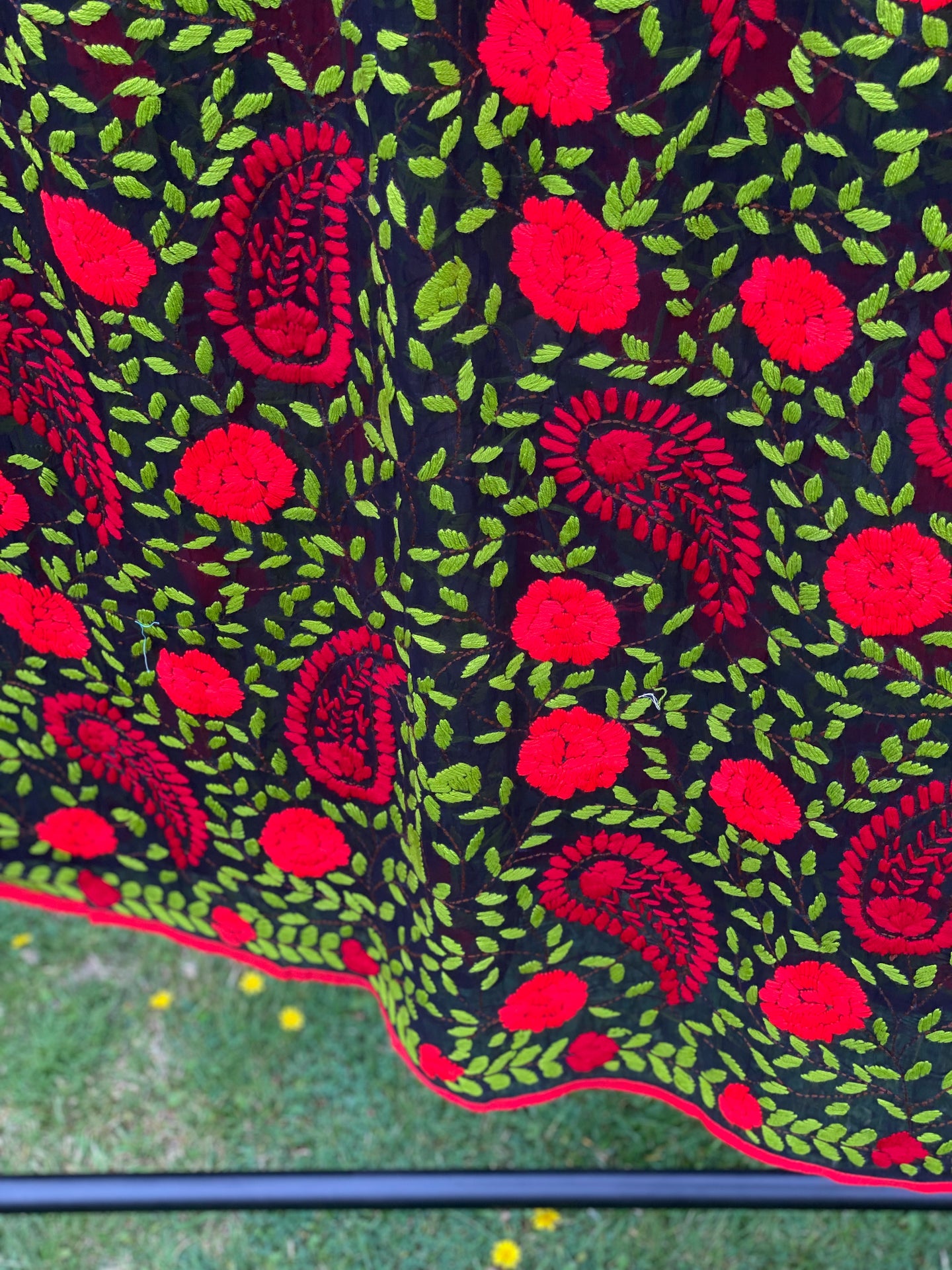 Black x Green Large Handmade Sheer Georgette Wrap / Throw - B100
