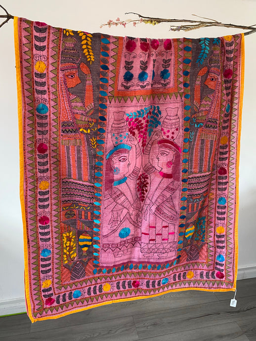 Pink Madhubani Style Handmade Chanderi Cotton Shawl / Throw - B233