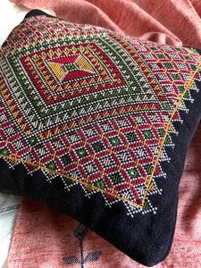 Jat Hand Embroidered Cotton Cushion Cover in Black | by Raziyabai Hasam