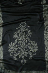 Charcoal Mughal Motif Satin Silk Scarf Shibori Hand Dyed