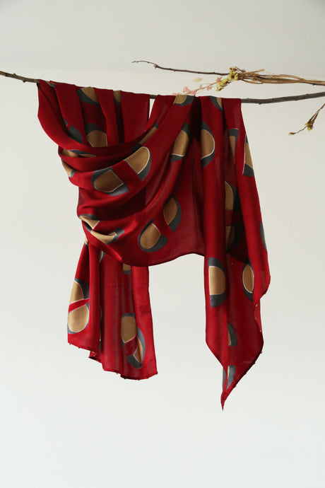Maroon & Gold Dust Satin Silk Scarf Itajime Hand Dyed