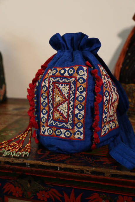Rabari Tribal Bag in Blue Silk Hand Embroidered By Kevalben Natha