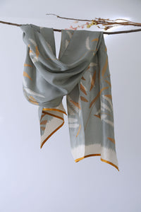 Moonlight Silver & Ochre Habutai Silk Scarf Shibori & Kantha Hand Dyed