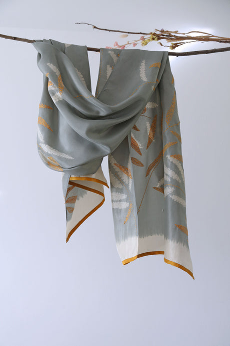 Moonlight Silver & Ochre Habutai Silk Scarf Shibori & Kantha Hand Dyed