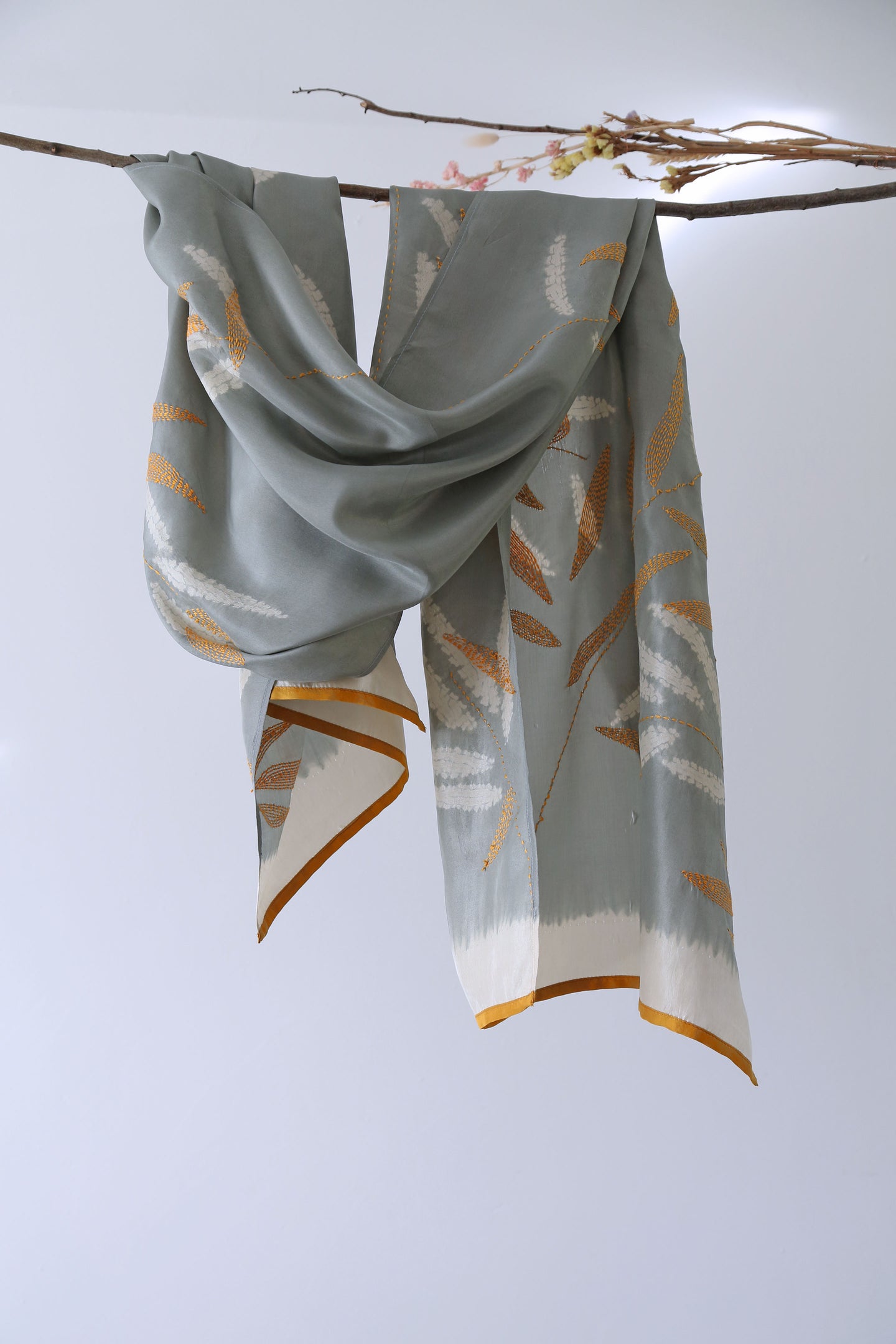 Moonlight Silver & Ochre Habutai Silk Scarf Shibori & Kantha Hand Dyed