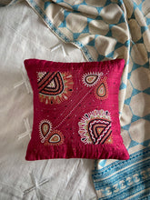 Load image into Gallery viewer, Burgundy Rabari Hand Embroidered Cushion Cover | Silk | by Jasuben Vibha