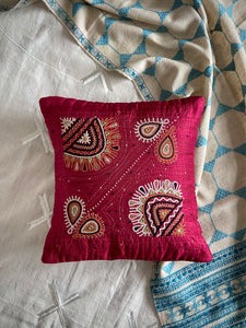 Burgundy Rabari Hand Embroidered Cushion Cover | Silk | by Jasuben Vibha