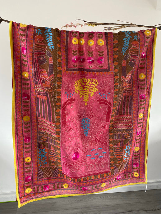 Deep Pink Madhubani Style Handmade Chanderi Silk Shawl / Throw - B223