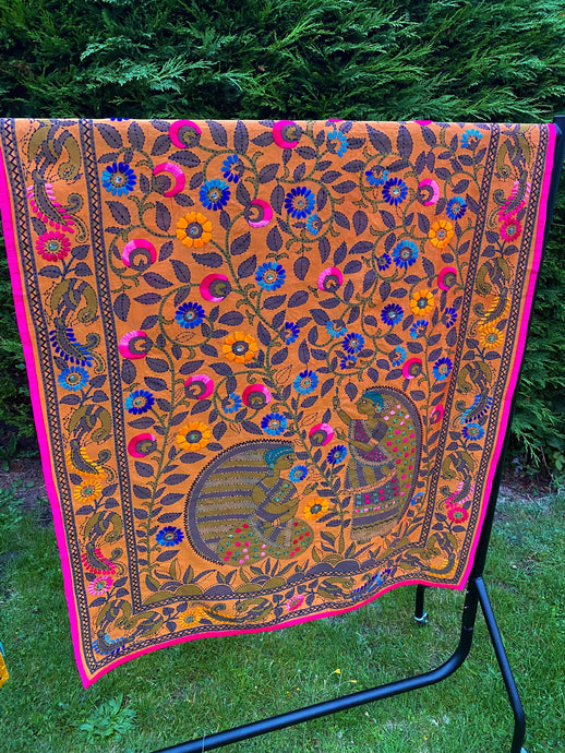 Rust Orange Madhubani Style Handmade Chanderi Silk Shawl / Throw - B189