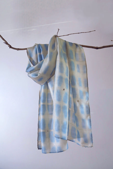 Sky Blue Bangalore Silk Scarf Itajime Hand Dyed