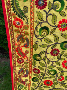 Yellow Madhubani Style Handmade Chanderi Silk Shawl / Throw - B195