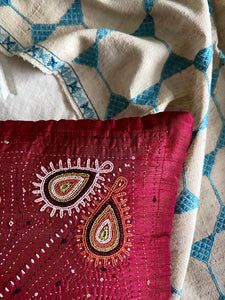 Burgundy Rabari Hand Embroidered Cushion Cover | Silk | by Jasuben Vibha