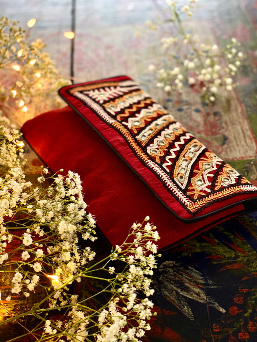 Hand Embroidered Rabari Organic Cotton Clutch Purse Maroon Tribal 24x17CM
