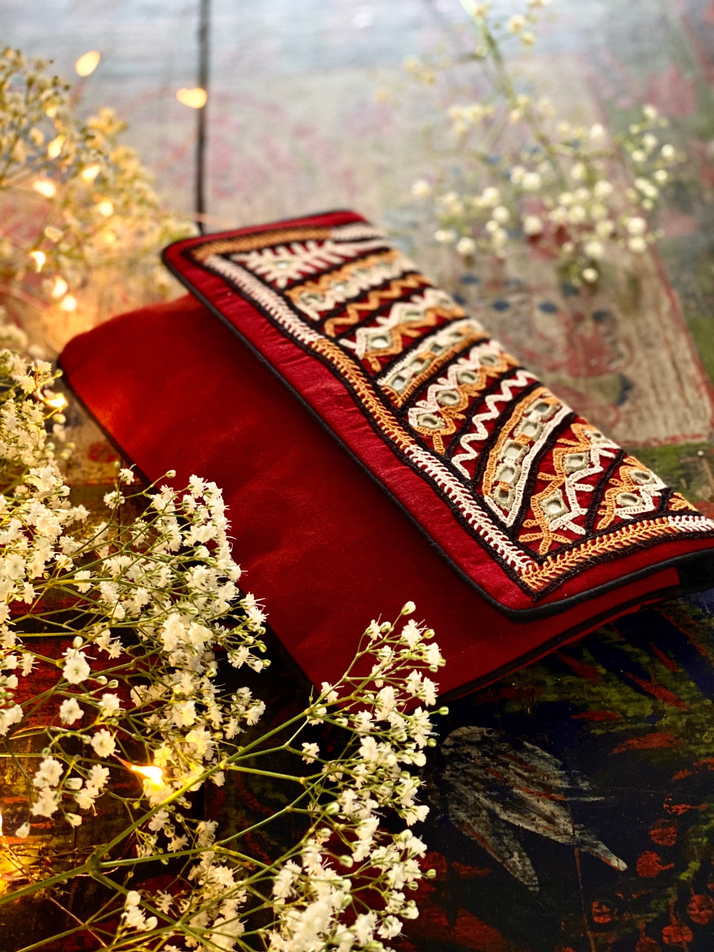 Hand Embroidered Rabari Organic Cotton Clutch Purse Maroon Tribal 24x17CM