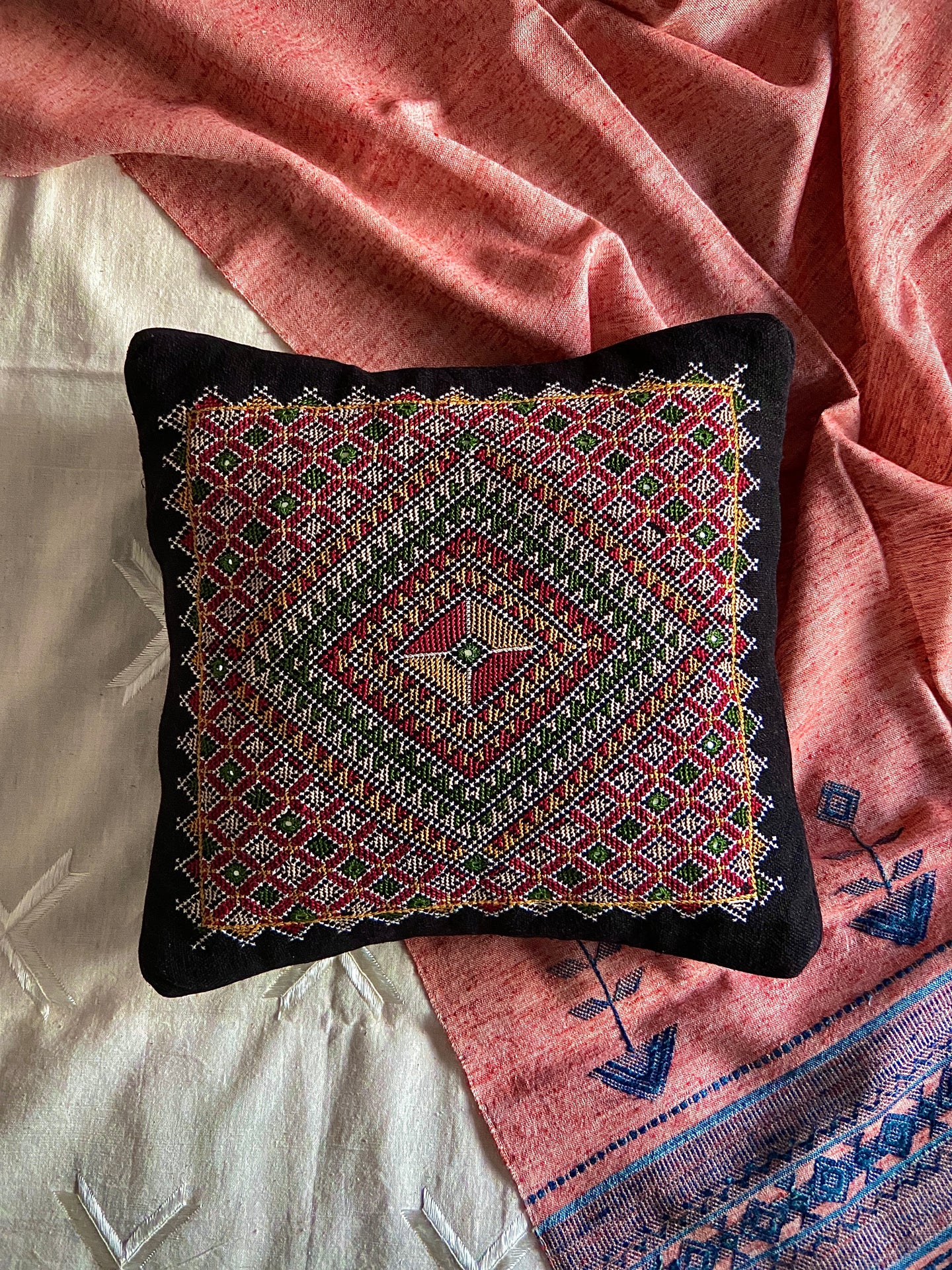 Jat Hand Embroidered Cotton Cushion Cover in Black | by Raziyabai Hasam