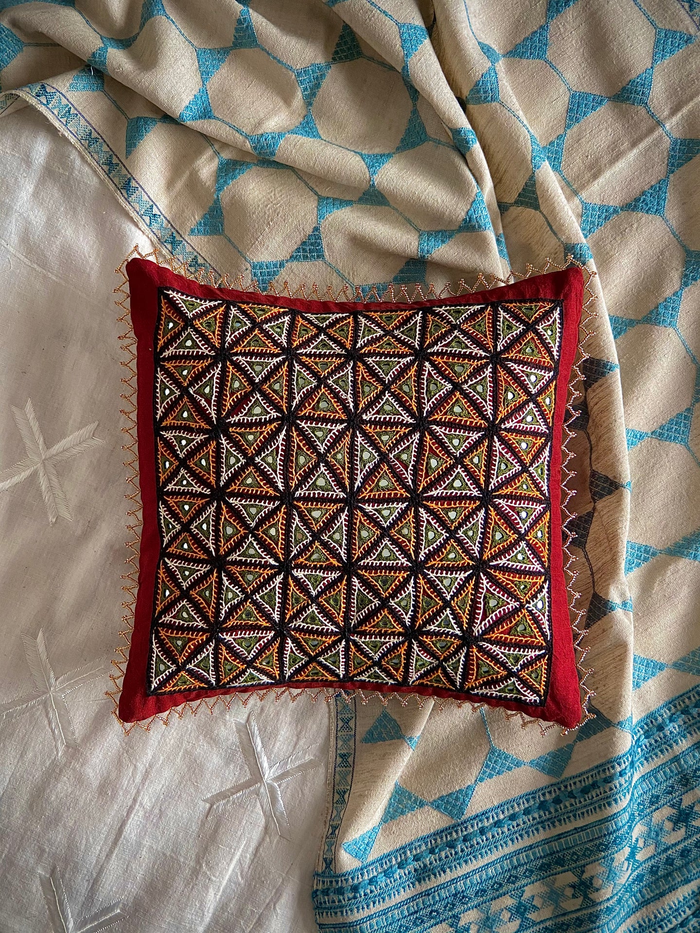 Maroon Rabari Hand Embroidered Cushion Cover | Heavyweight Kala Cotton | by Lachuben Raja