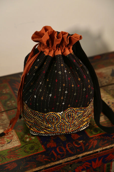 Large Rabari x Appliqué Tribal Bag in Black Cotton Hand Embroidered By Sarjaniben Bhora