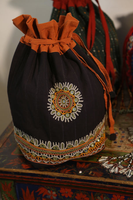 Large Padded Rabari Tribal Bag in Black Cotton Hand Embroidered By Parmaben Sura