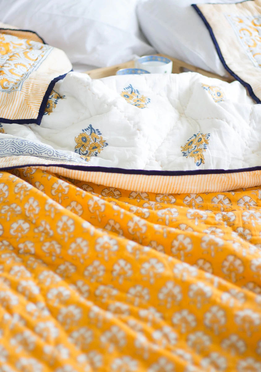 Marigold Yellow | Hand Block Print | Soft Cotton Quilt | Queen Size