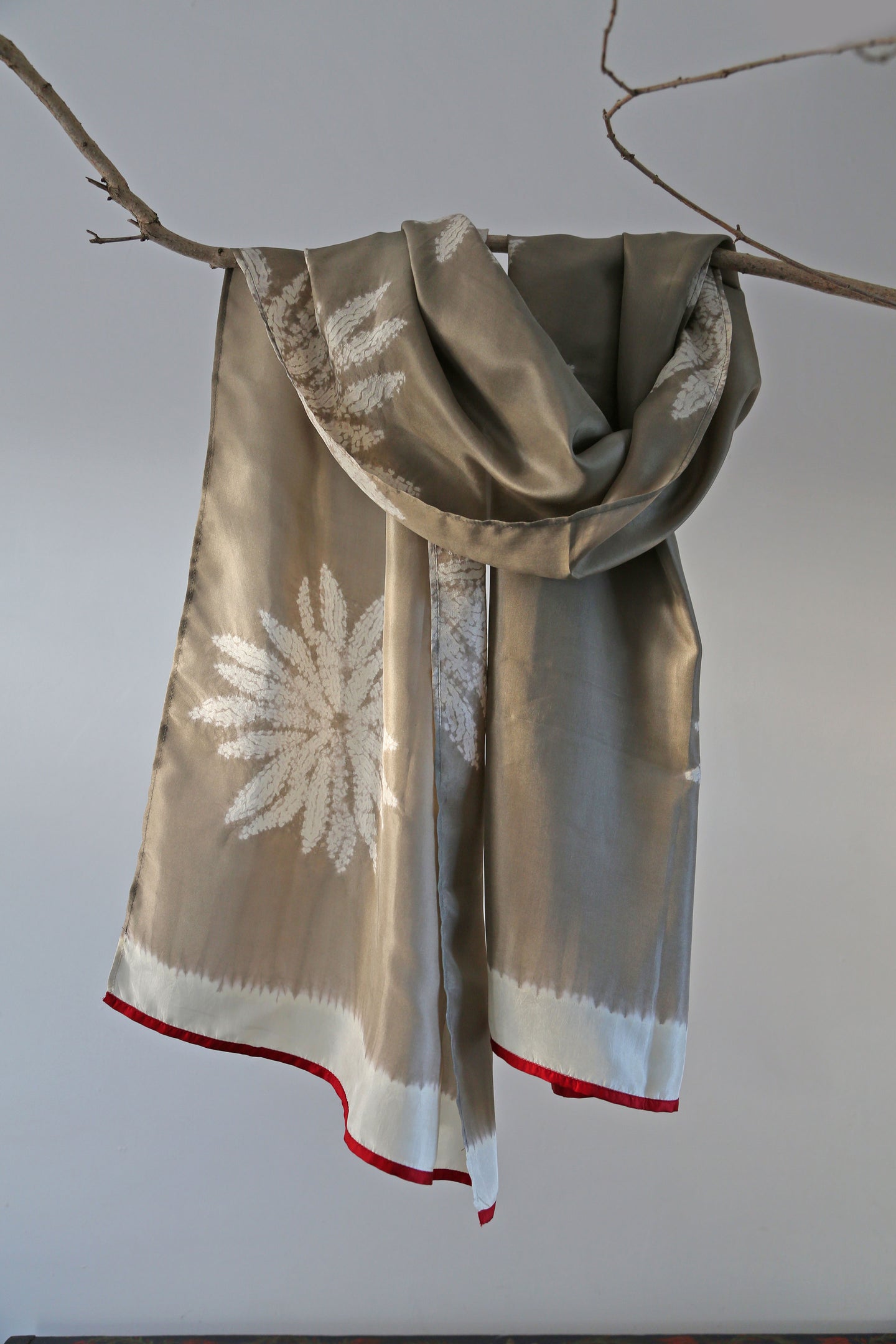 Warm Truffle Habotai Silk Scarf Shibori Hand Dyed