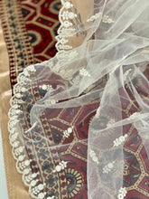 Load image into Gallery viewer, Fine embroidered Net Scarf White with Mirror Sequins &amp; Scalloped Edges