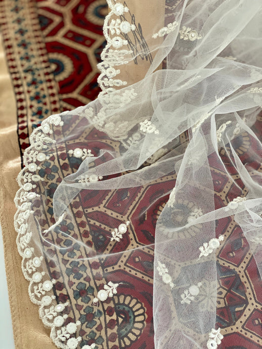 Fine embroidered Net Scarf White with Mirror Sequins & Scalloped Edges