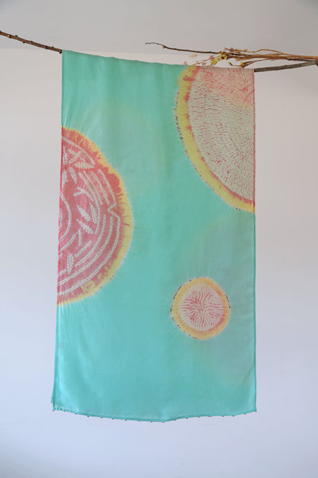 Aqua Bamboo Habotai Silk Scarf Shibori Hand Dyed