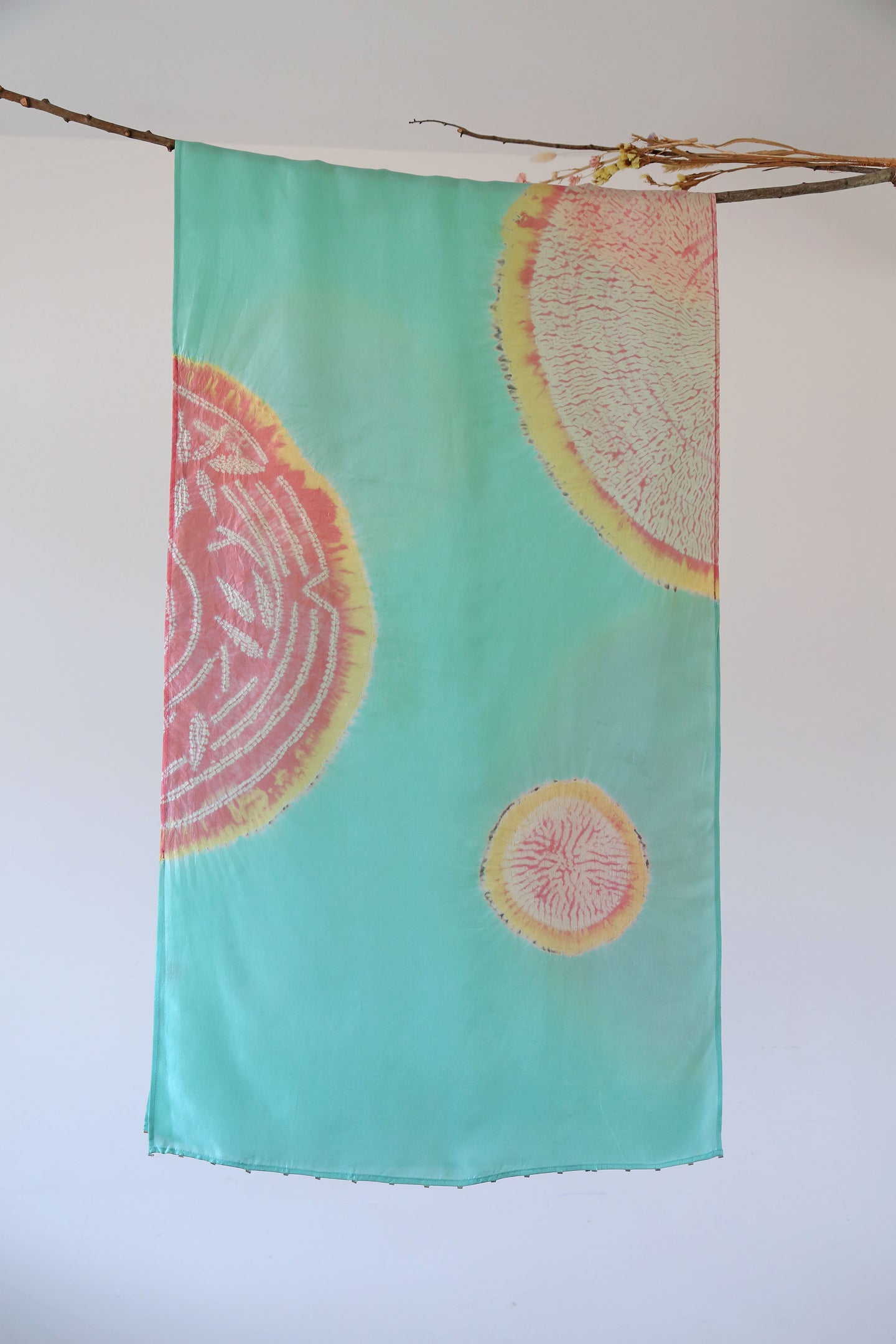 Aqua Bamboo Habotai Silk Scarf Shibori Hand Dyed