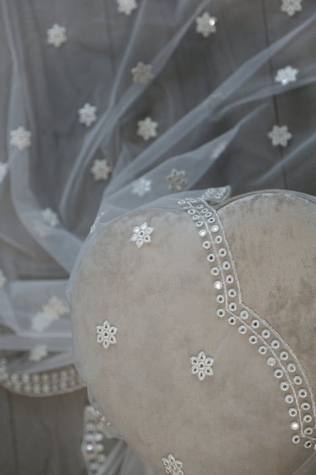 Fine embroidered Net Scarf White with Mirror Sequins & Scalloped Edges