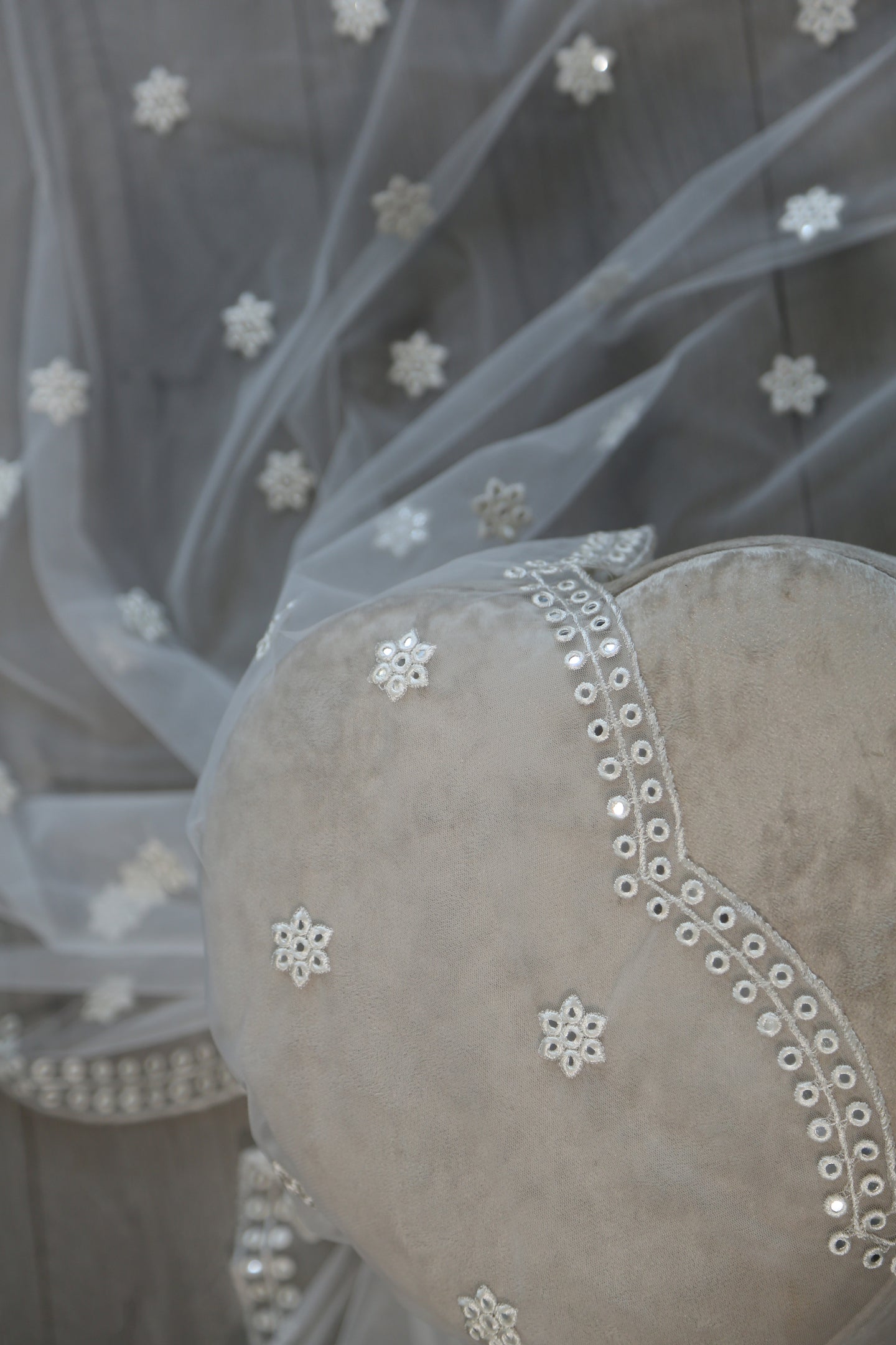 Fine embroidered Net Scarf White with Mirror Sequins & Scalloped Edges