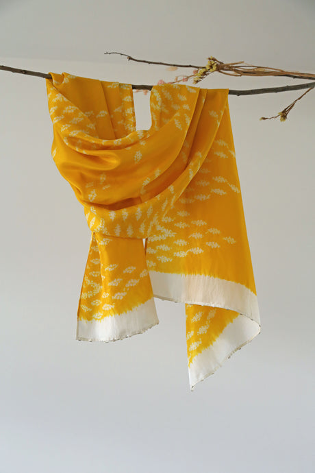 Yellow & Ecru Habotai Silk Scarf Shibori Hand Dyed