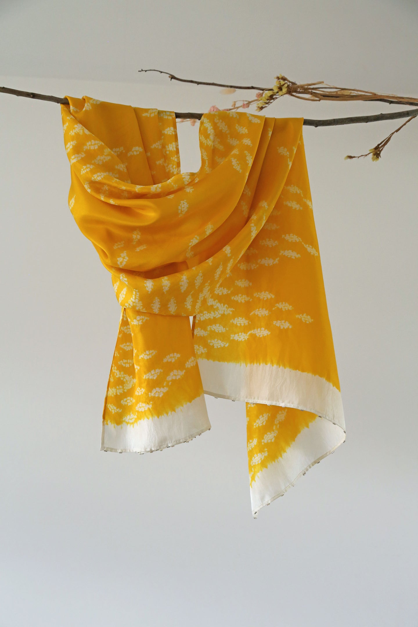 Yellow & Ecru Habotai Silk Scarf Shibori Hand Dyed