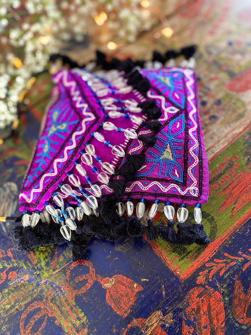 Violet Rabari Silk Handbag / Purse Tribal Glass Beads 25x19CM