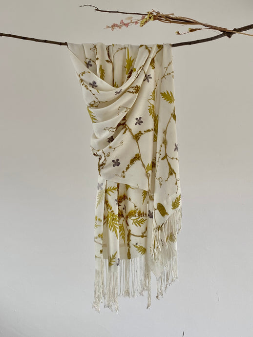 White Botanical Print Scarf | Indigenous Cotton | Handwoven & Naturally Dyed - 0020C-SY-HT