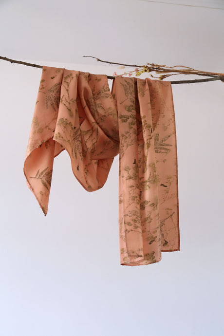 Healing Manjistha Pink Habotai Silk Scarf Eco Print Hand Dyed