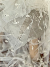 Load image into Gallery viewer, Fine embroidered Net Scarf White with Mirror Sequins &amp; Scalloped Edges